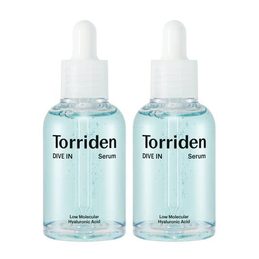 Torriden DIVE-IN Serum 50ml fuktighetsgivende og beroligende vegansk serum med 5 typer hyaluronsyre, panthenol og betaglukan, lett og raskt absorberende, gir glød og passer for sensitiv hud. Bundle