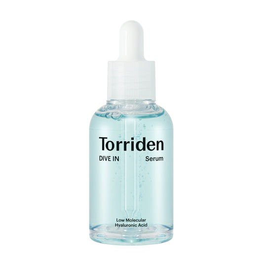 Torriden DIVE-IN Serum 50ml fuktighetsgivende og beroligende vegansk serum med 5 typer hyaluronsyre, panthenol og betaglukan, lett og raskt absorberende, gir glød og passer for sensitiv hud