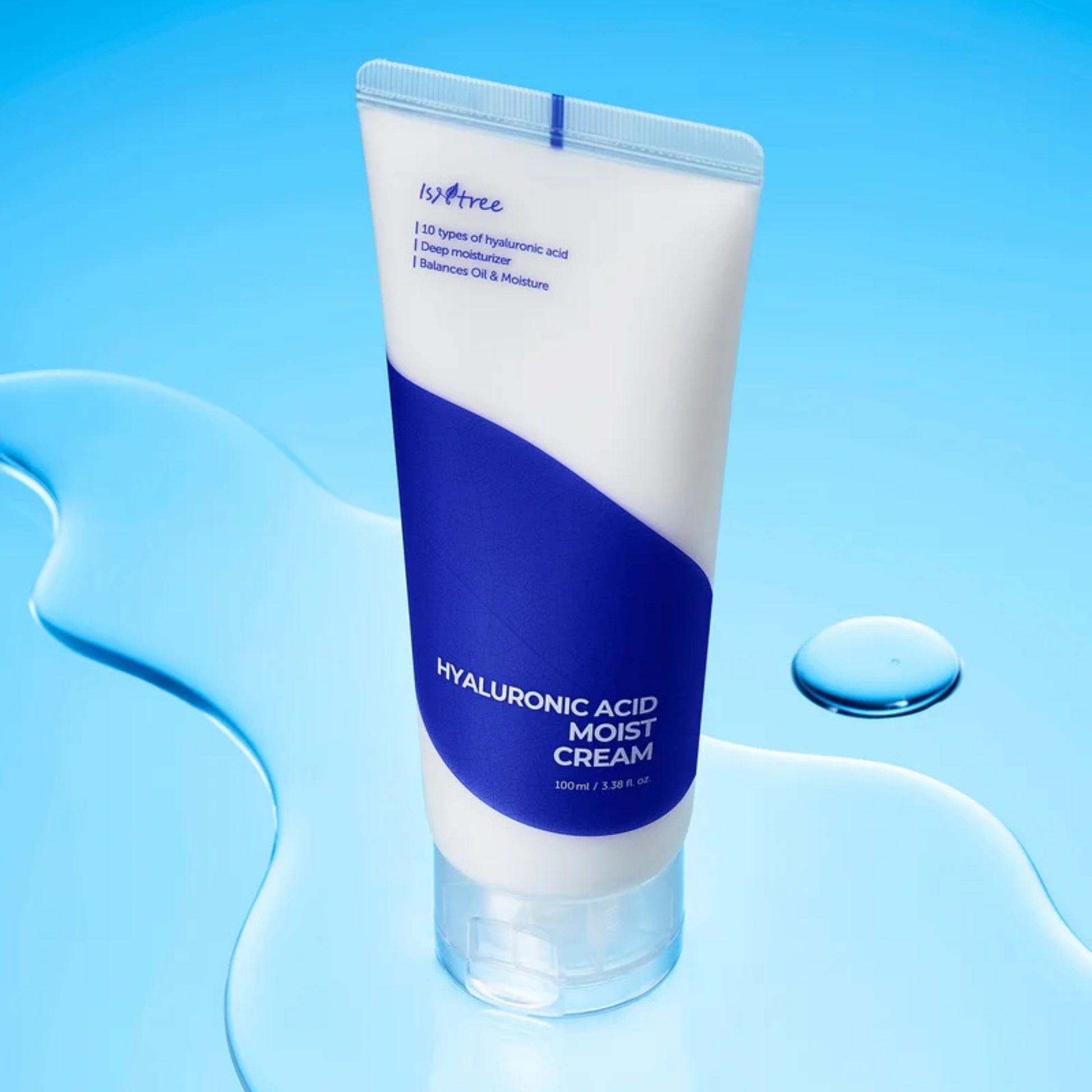 ISNTREE Hyaluronic Acid Moist Cream 100 ml fuktighetskrem med 5 typer hyaluronsyre, ceramider og planteoljer, gir intensiv fuktighet, beroliger og styrker hudbarrieren, egnet for normal, tørr og sensitiv hud