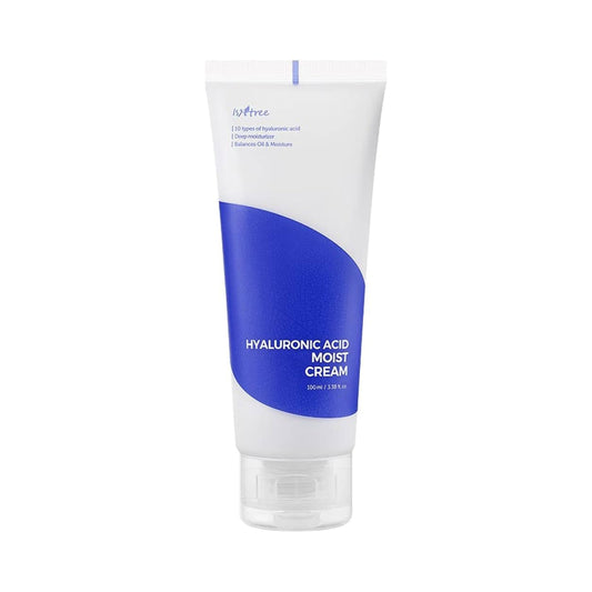 ISNTREE Hyaluronic Acid Moist Cream 100 ml fuktighetskrem med 5 typer hyaluronsyre, ceramider og planteoljer, gir intensiv fuktighet, beroliger og styrker hudbarrieren, egnet for normal, tørr og sensitiv hud