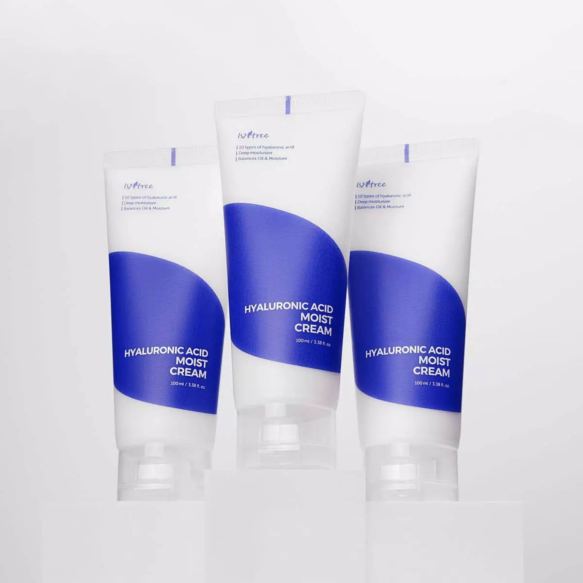 ISNTREE Hyaluronic Acid Moist Cream 100 ml fuktighetskrem med 5 typer hyaluronsyre, ceramider og planteoljer, gir intensiv fuktighet, beroliger og styrker hudbarrieren, egnet for normal, tørr og sensitiv hud