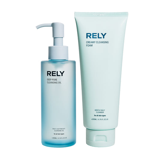 Dobbelrens duo med RELY Creamy Cleansing Foam og RELY Deep Pore Cleansing Oil som renser effektivt i to steg fjerner sminke solkrem og smuss passer alle hudtyper og er trygg for daglig bruk.