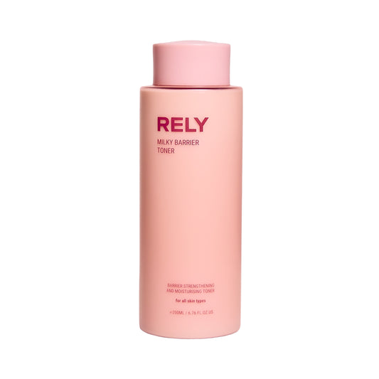RELY Milky Barrier Toner 200 ml er en fuktighetsgivende milky toner som styrker hudbarrieren og gir langvarig fukt og glød med ceramider betaglukan hyaluronsyre ris og havreekstrakt egnet for alle hudtyper spesielt tørr og sensitiv hud trygg for gravide og ammende.