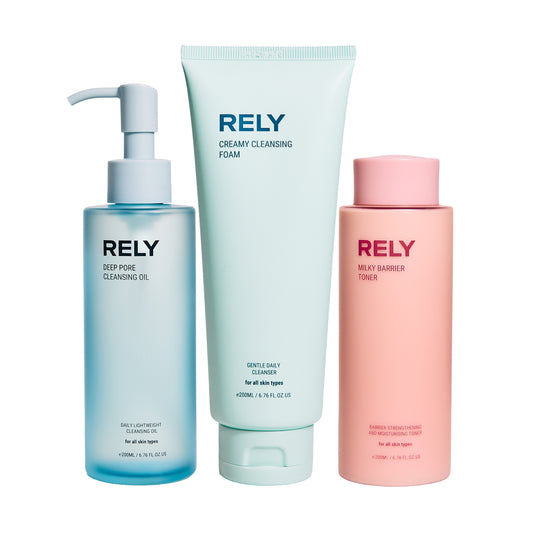 RELY trio med Milky Barrier Toner Creamy Cleansing Foam og Deep Pore Cleansing Oil er et komplett hudpleiesett som gir skånsom rens intens fukt glød og styrket hudbarriere passer alle hudtyper og inneholder 200 ml produkter.